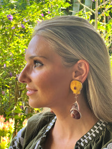 Yellow Scallop Drop Earrings with Garnet