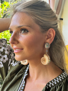 Ram's Horn Shell Earrings with Gem Stones