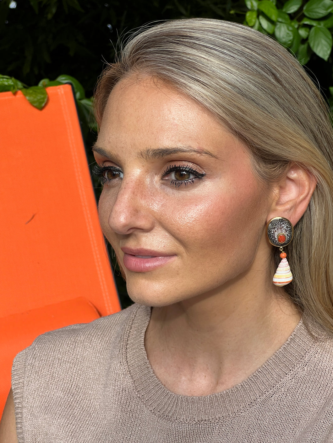 Cone Shell Earrings with Coral Cabochons