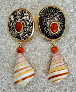 Cone Shell Earrings with Coral Cabochons