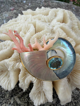 Nautilus Heart Brooch with Blue Topaz & Pink Coral