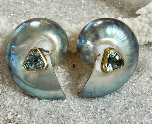 Nautilus Heart Earrings with Aquamarines