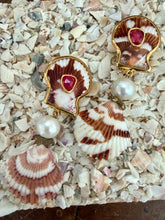 Calico Scallop Drop Earrings with Pearl & Tourmaline