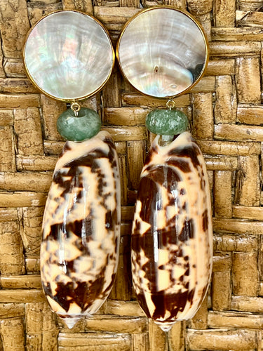 Olive Shell Earrings with Green Aquamarine