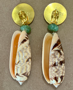 Olive Shell Earrings with Green Aquamarine