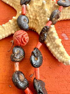 Sea Snail Fossil Necklace with Apple Coral