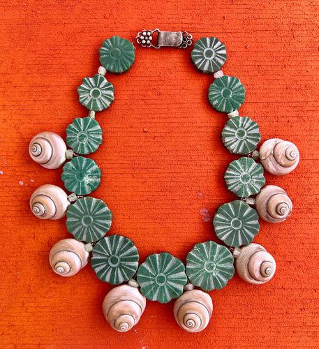 Amazonite Coin Necklace with Turbo Shells