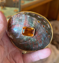 Red Abalone Shell Belt Buckle with Emerald-cut Citrine