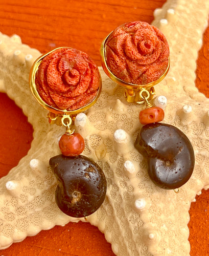 Apple Coral Earrings with Ammonites