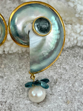 Pearled Nautilus Earrings with Aquamarine & Topaz