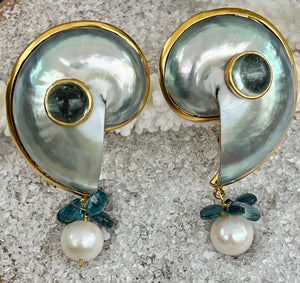 Pearled Nautilus Earrings with Aquamarine & Topaz