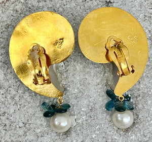 Pearled Nautilus Earrings with Aquamarine & Topaz