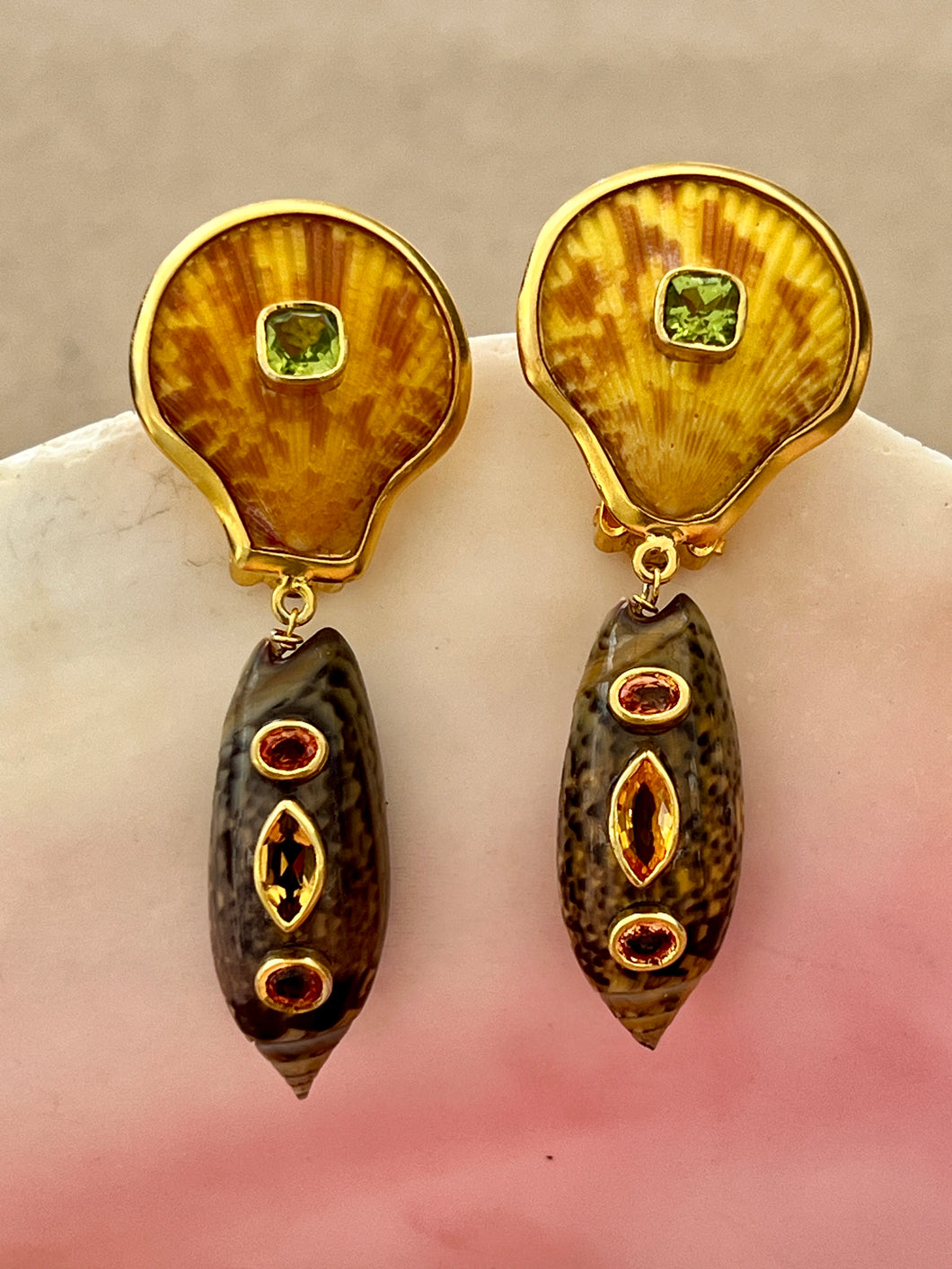 Smaller Vermeil, Scallop & Olive Shell Drop Earrings with Citrine