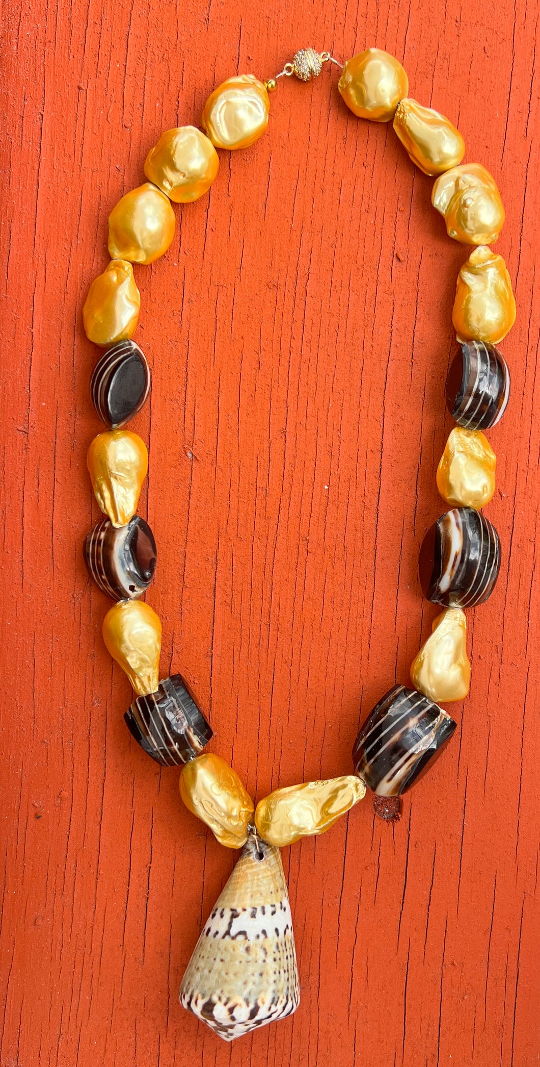 Golden Pearl & Carved Shell Necklace