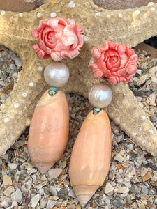 Carved Conch & Olive Shell Drop Earrings with Pearls