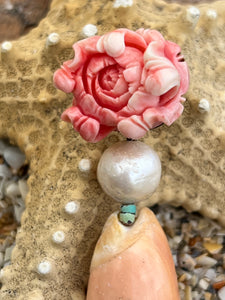 Carved Conch & Olive Shell Drop Earrings with Pearls