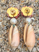 Carved Conch & Olive Shell Drop Earrings with Pearls