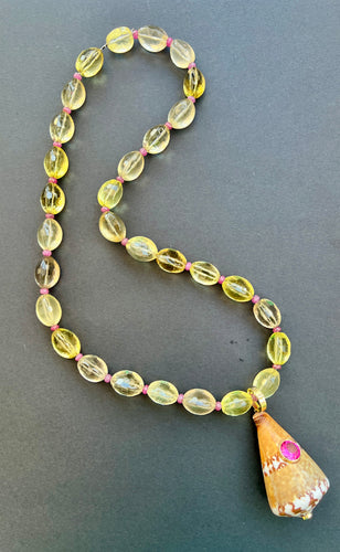 Beaded Citrine Necklace with Conus Shell Pendant Sporting a Pink Topaz