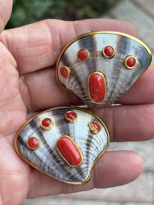 Tellin Shell Earrings with Cabochon Coral