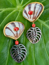 Tellin Shell Philodendron Earrings with Italian Coral Cabochons