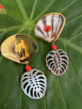 Tellin Shell Philodendron Earrings with Italian Coral Cabochons