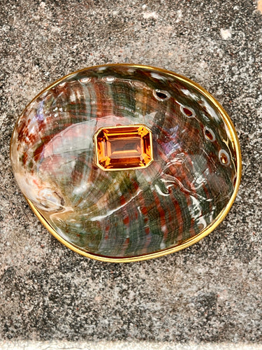 Red Abalone Shell Belt Buckle with Emerald-cut Citrine