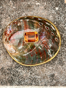 Red Abalone Shell Belt Buckle with Emerald-cut Citrine