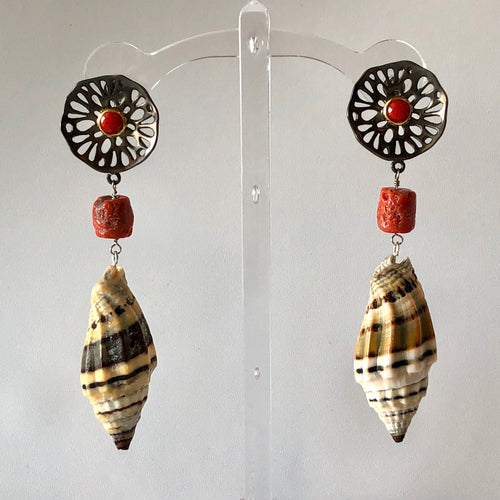 Burnished Sterling and Coral Pierced Earrings