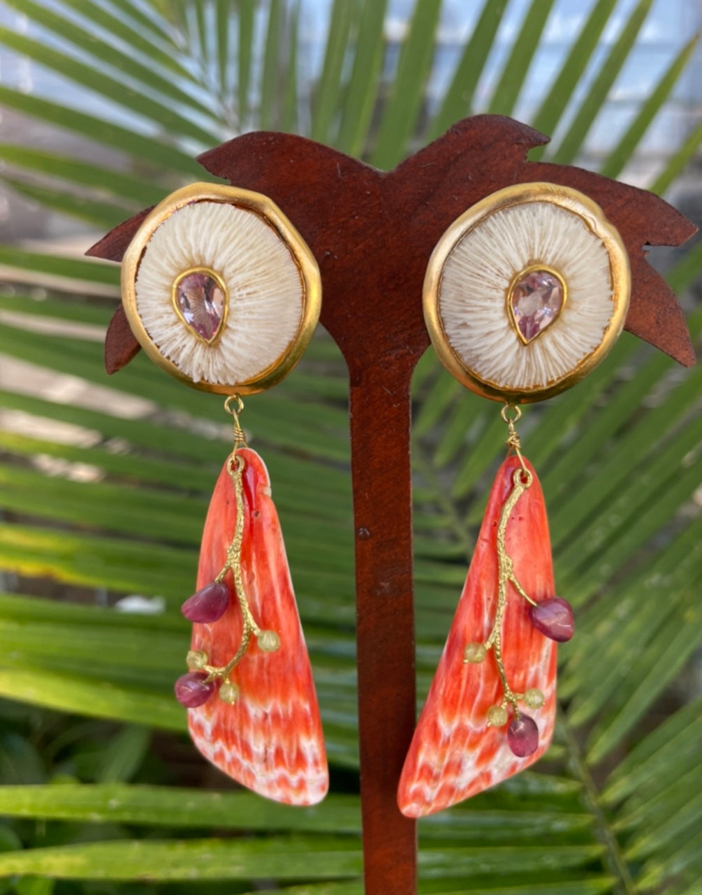 Mushroom Coral & Spondilius Shell Earrings