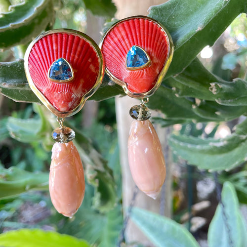Scallop and Pink Olive Shell Earrings with Topaz and Citrine