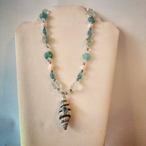 Long Sterling, Pearl, Aquamarine and Roman Glass Necklace