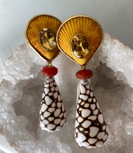 Marble Conus, Pectin, & Citrine Vermeil Earrings