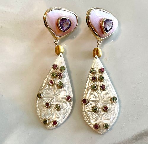 Pink Scallop and Carved Abalone Earrings