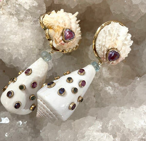 14-K Gold Conus Shell & Gemstone Earrings