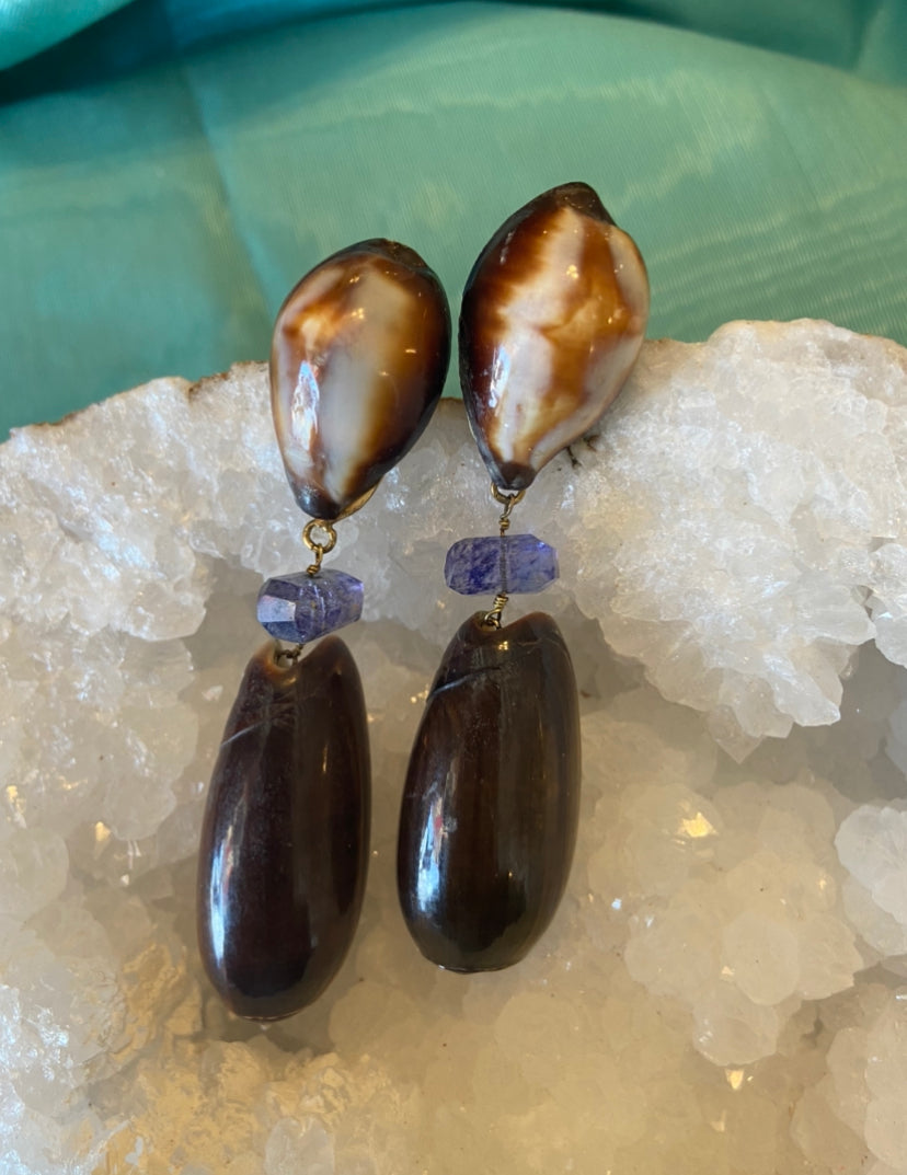 Amethyst & Olive Shell Earrings