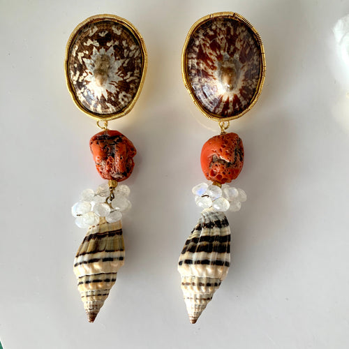 Limpet, Raw Coral, Moonstone, Shell Vermeil Earrings