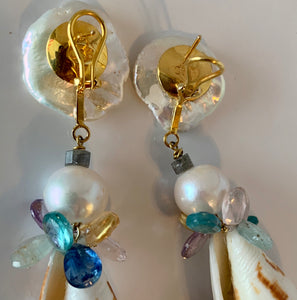 Flutter Pearl, Tourmaline, Conus 14-Karat Gold Earrings