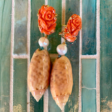 Carved Italian Coral, Pink Olive 14-Karat Gold Earrings