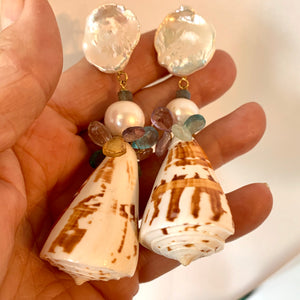 Flutter Pearl, Tourmaline, Conus 14-Karat Gold Earrings