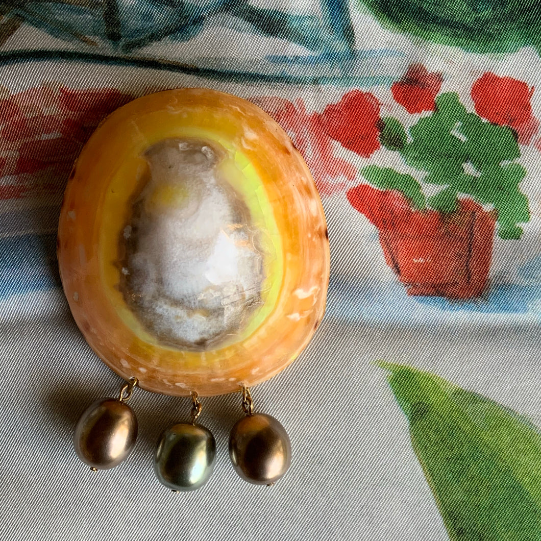 Melon and Yellow Limpet and Pearl Brooch